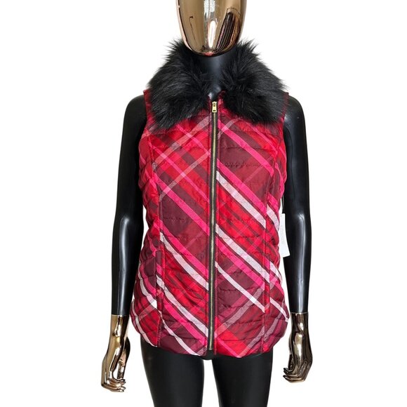 Chico's Plaid Puffer Vest 0 Small Removable Faux Fur Collar Red Holiday Zip Vest - Picture 3 of 11